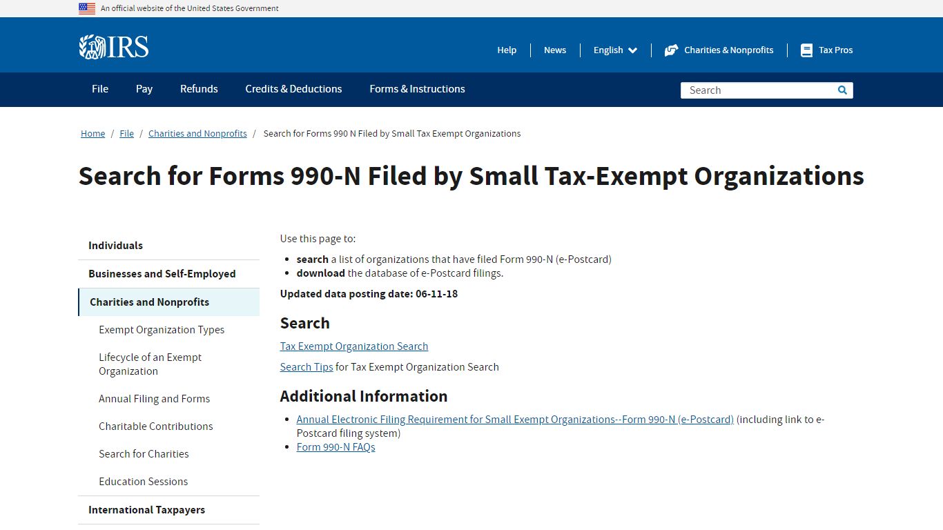 Search for Forms 990-N Filed by Small Tax-Exempt Organizations